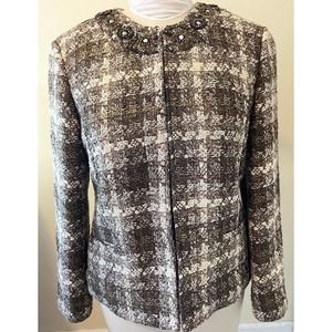 Chicos Bronze Metallic Tweed Boucle Rhinestone Hook Eye Jacket Size 1 Medium NWT